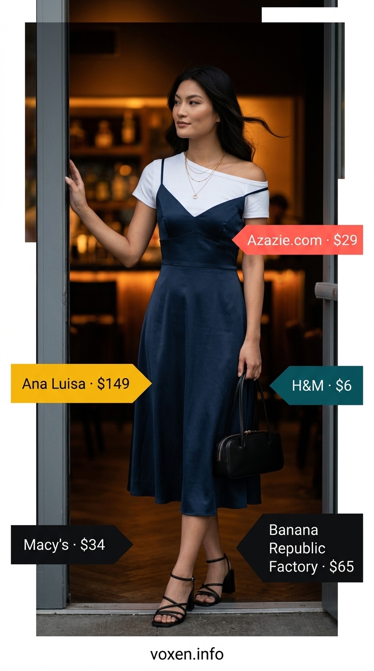 Concert outfits for women summer 2026: Navy satin slip dress, white tee, gold necklaces for a mellow evening jazz concert.