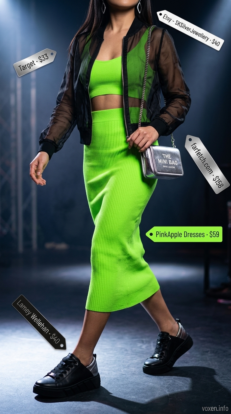 Concert outfits for women summer 2026: Electric lime green matching set with mesh jacket and platform sneakers for a dance party.