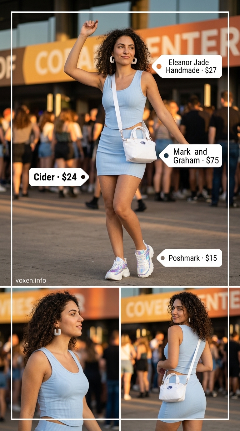 Concert outfits for women summer 2026: Pastel blue matching set with platform sneakers and crossbody bag for a fun pop concert.