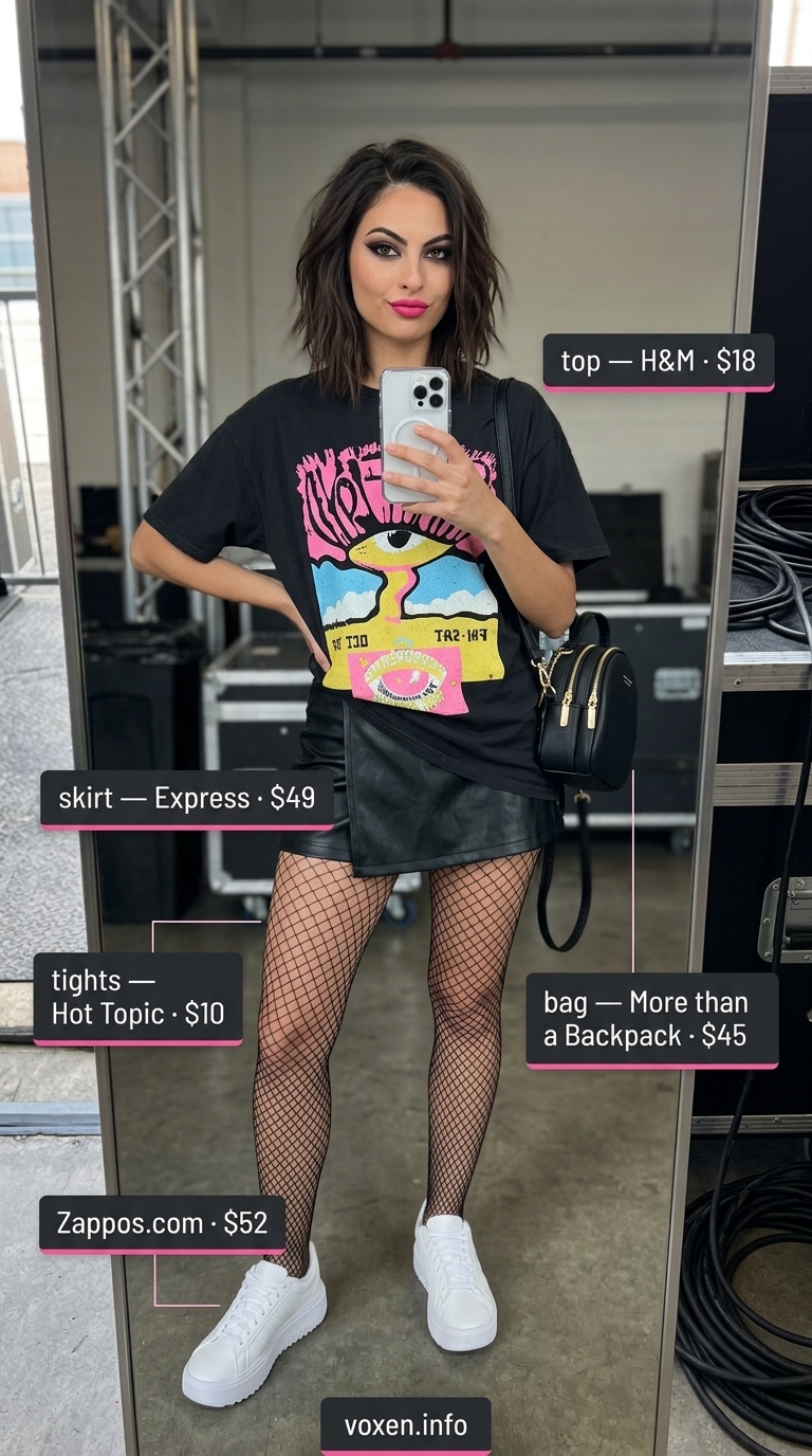 Concert outfits for women summer 2026: Black faux leather skirt, band tee, fishnets, and platform sneakers for a pop punk look.