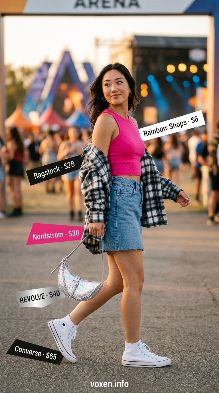 Concert outfits for women summer 2026: Hot pink crop top, denim mini skirt, shacket, sneakers, and metallic bag.