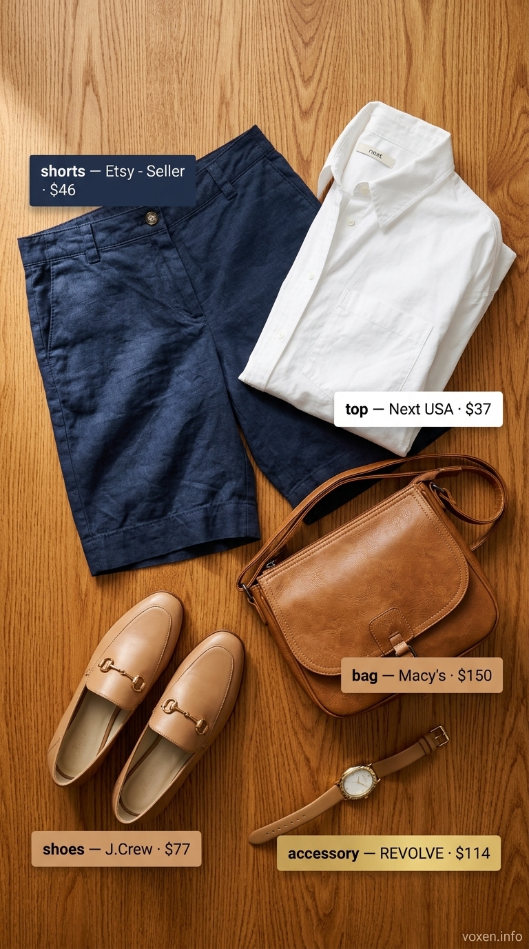 Concert outfits for women summer 2026: Navy linen shorts, white button-down, tan loafers for a preppy outdoor jazz concert.