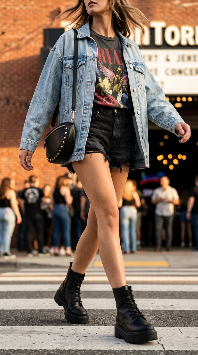 Concert outfits for women summer 2026: Band tee, denim shorts, oversized denim jacket, combat boots, and studded bag.