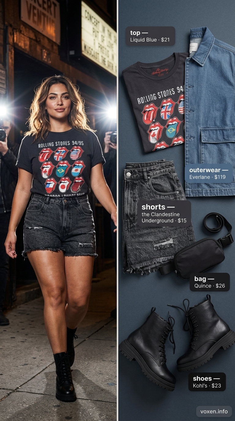 Concert outfits for women summer 2026: Black denim shorts, band tee, shacket, and combat boots for a cool rock look.