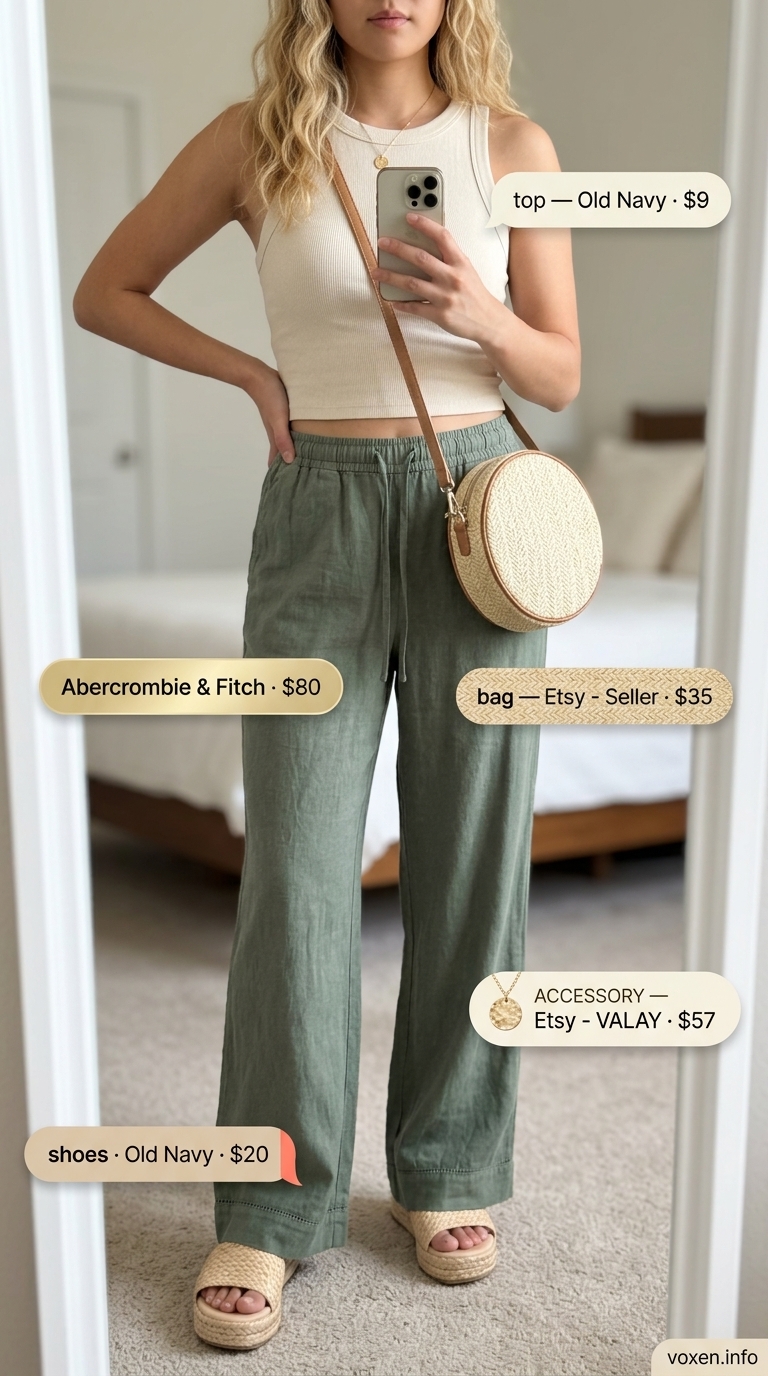 Concert outfits for women summer 2026: Olive green linen pants, cream crop top, espadrilles, and straw bag.