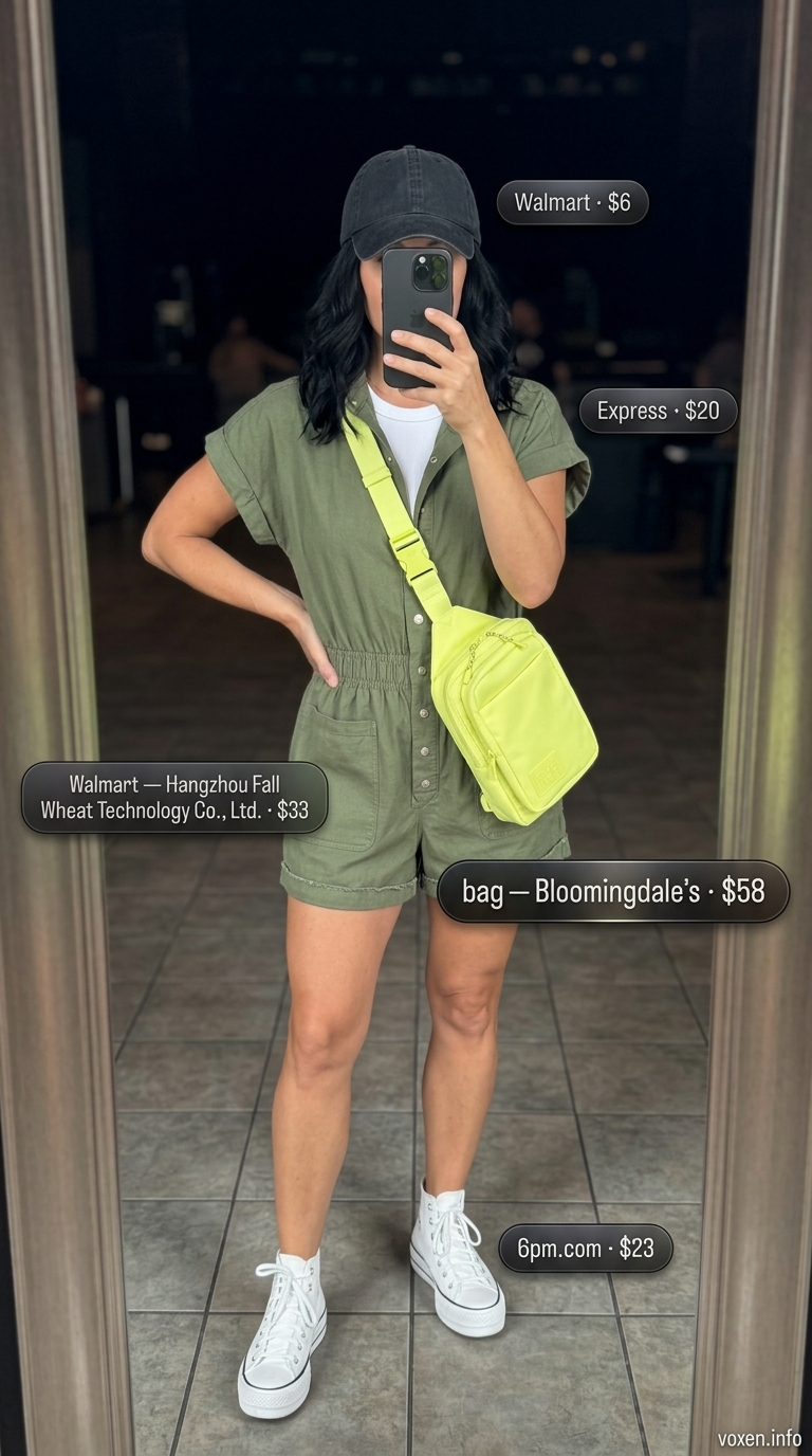 Concert outfits for women summer 2026: Khaki utility romper, white tee, neon crossbody bag for a fun daytime concert.