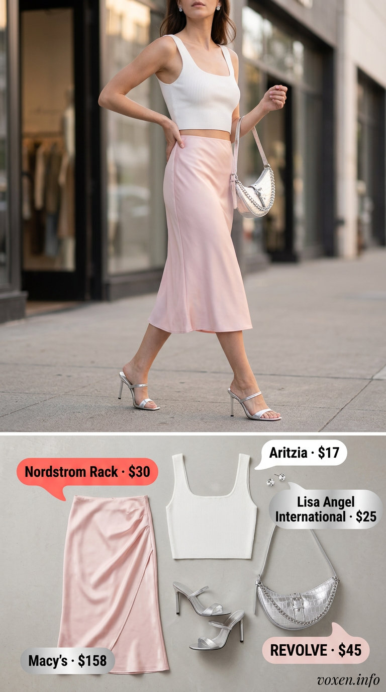 Cute Date Outfits Summer 2026: Romantic Midi Skirt Cute date outfit summer for women 2026: Blush pink midi skirt, white ribbed crop top, strappy heels, and silver bag.