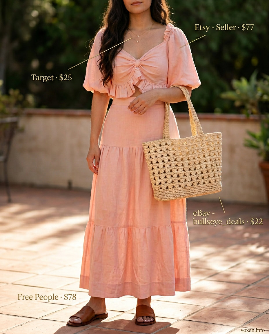 Chic Co-ord Set Summer Date 2026 Coral linen co-ord set with slides for cute date outfits summer for women 2026.