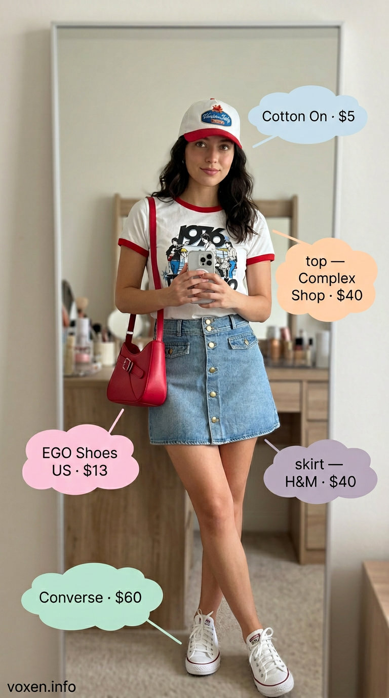 Retro Mini Skirt Summer Date 2026 Denim mini skirt with graphic tee for cute date outfits summer for women 2026.