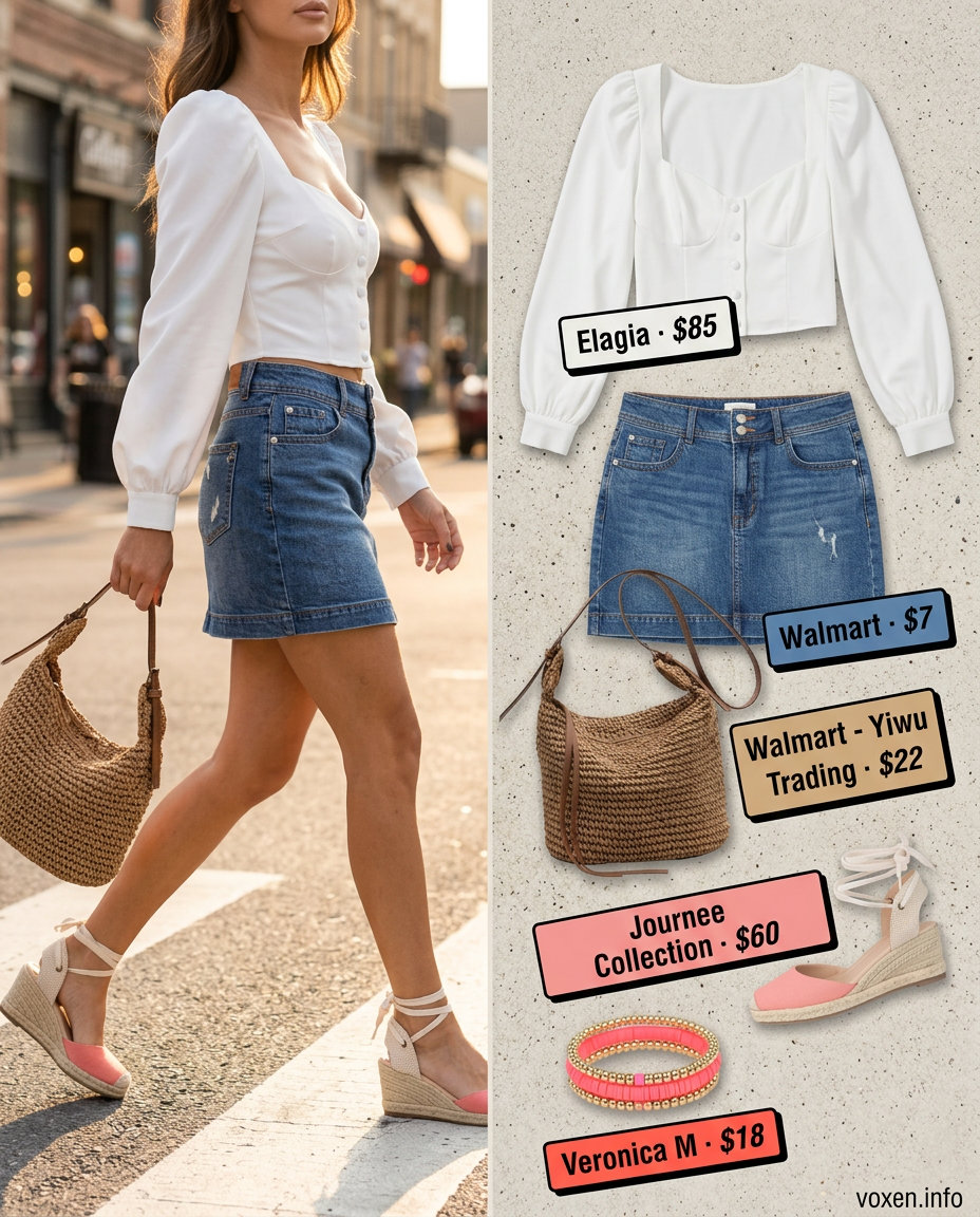 Garden Party Denim Skirt 2026 Denim mini skirt with puff sleeve blouse for cute date outfits summer for women 2026.