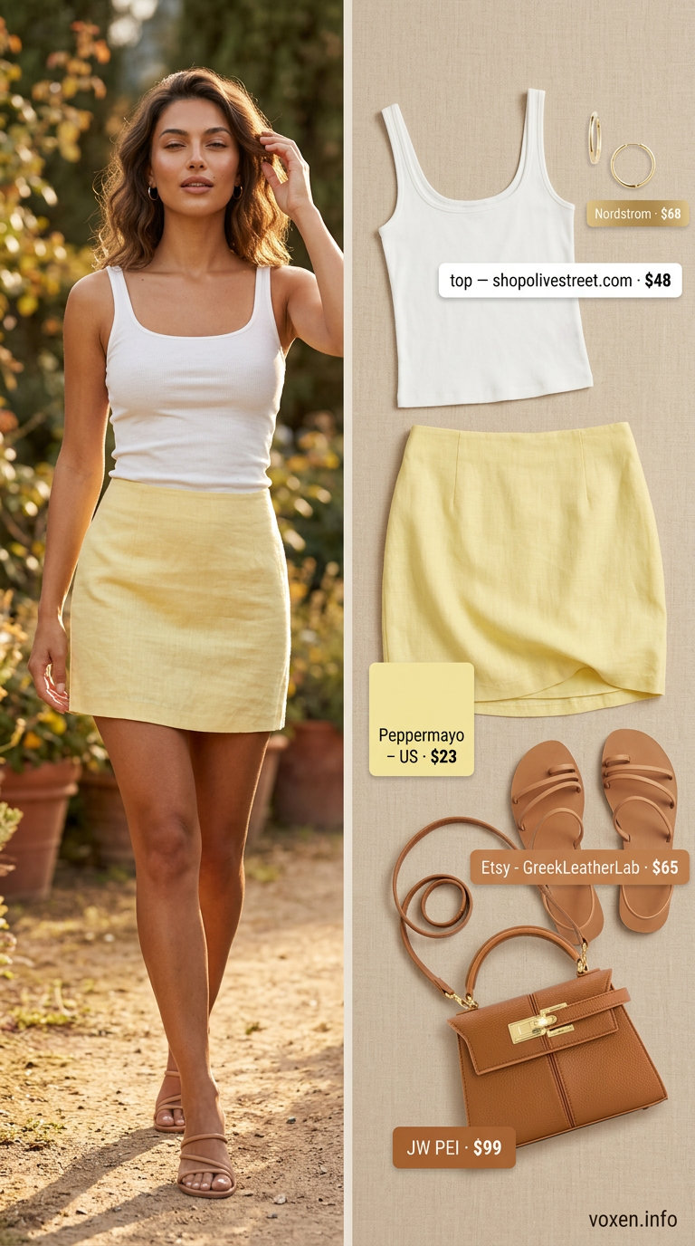 Cute Date Outfits Summer 2026: Lemon Yellow Skirt Cute date outfit summer for women 2026: Lemon yellow mini skirt, white tank top, strappy sandals, and top-handle bag.