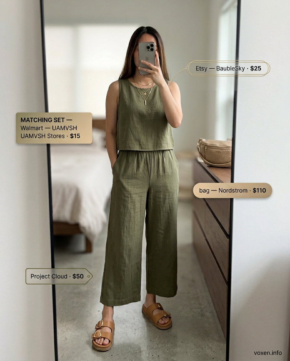 Cute Date Outfits Summer 2026: Linen Co-ord Set Cute date outfit summer for women 2026: Olive green linen pants set, straw crossbody bag, and flat leather slides.