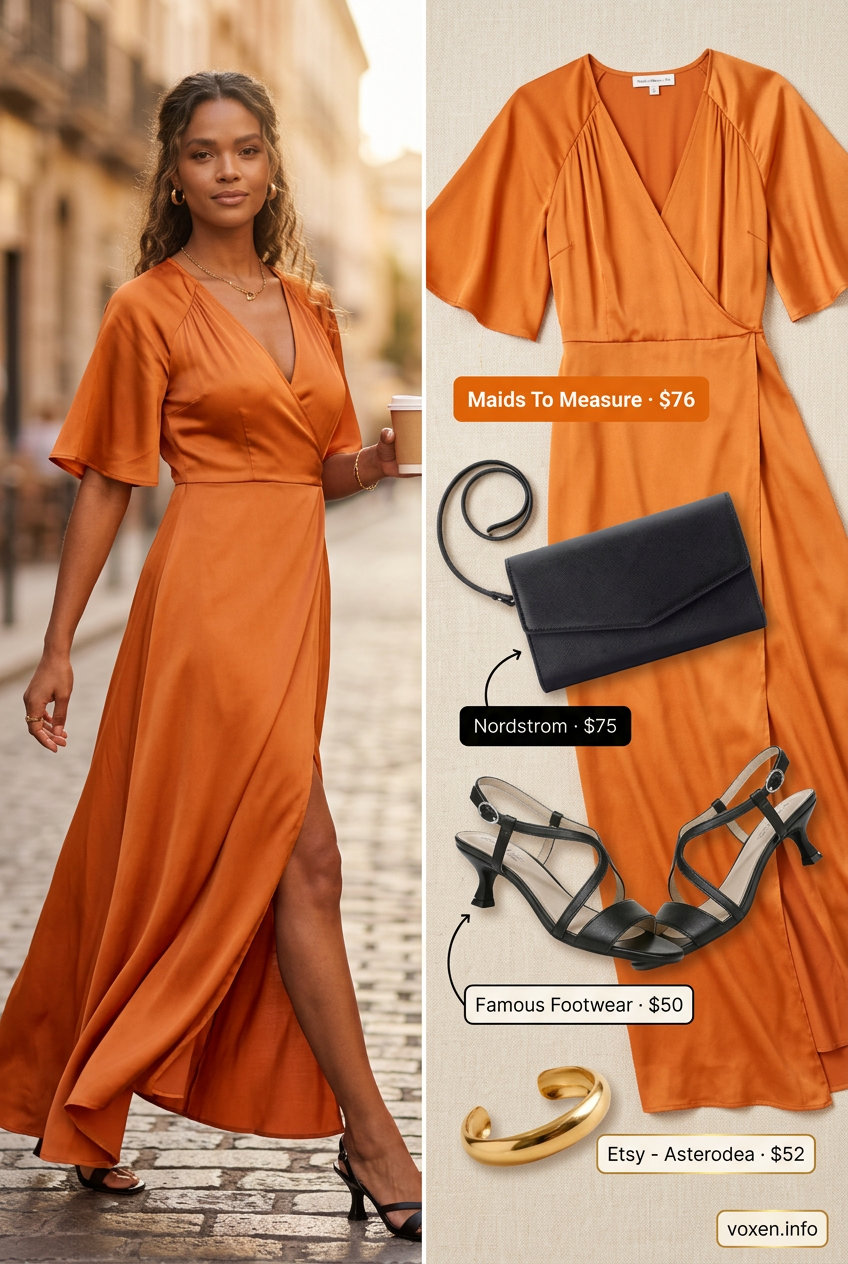 Rooftop Wrap Dress Summer Date 2026 Mango orange wrap dress with black heels for cute date outfits summer for women 2026.