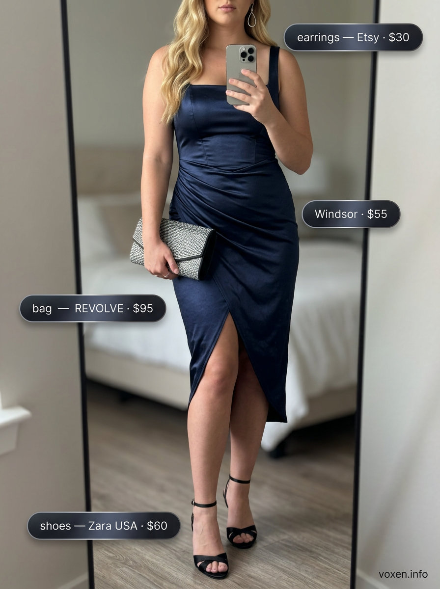 Elegant Slip Dress Summer Date 2026 Elegant navy blue slip dress with silver jewelry for cute date outfits summer for women 2026.
