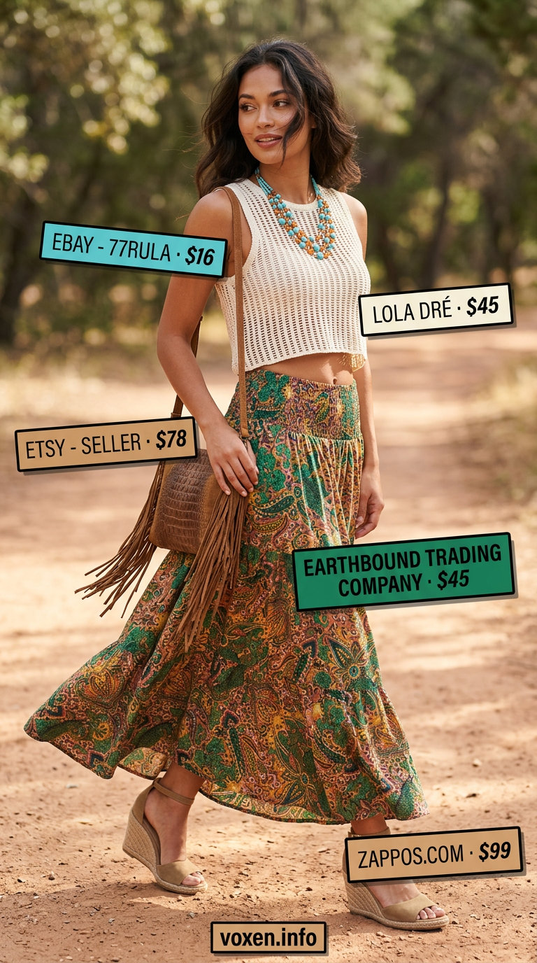 Cute Date Outfits Summer 2026: Boho Festival Style Cute date outfit summer for women 2026: Teal paisley maxi skirt, cream crochet crop top, beaded necklaces, and suede wedges.