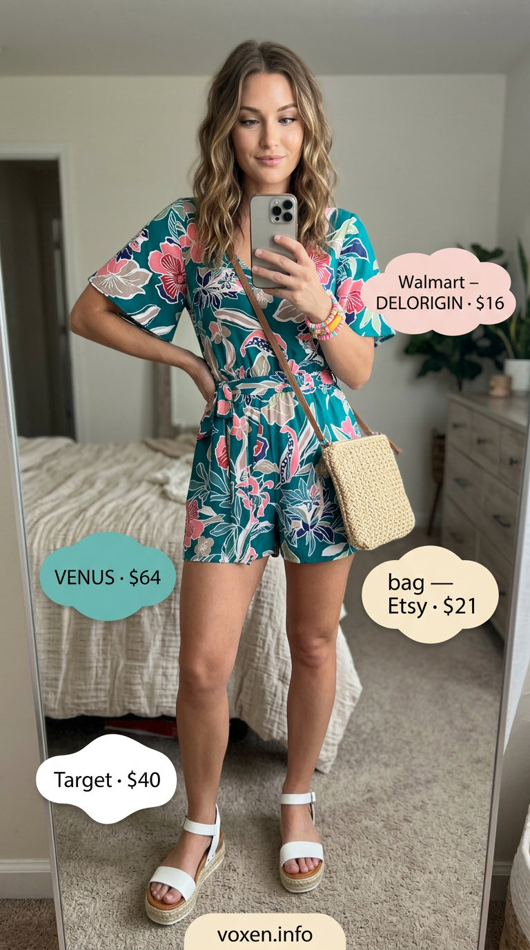 Playful Romper Summer Date 2026 Teal printed romper with espadrilles for cute date outfits summer for women 2026.