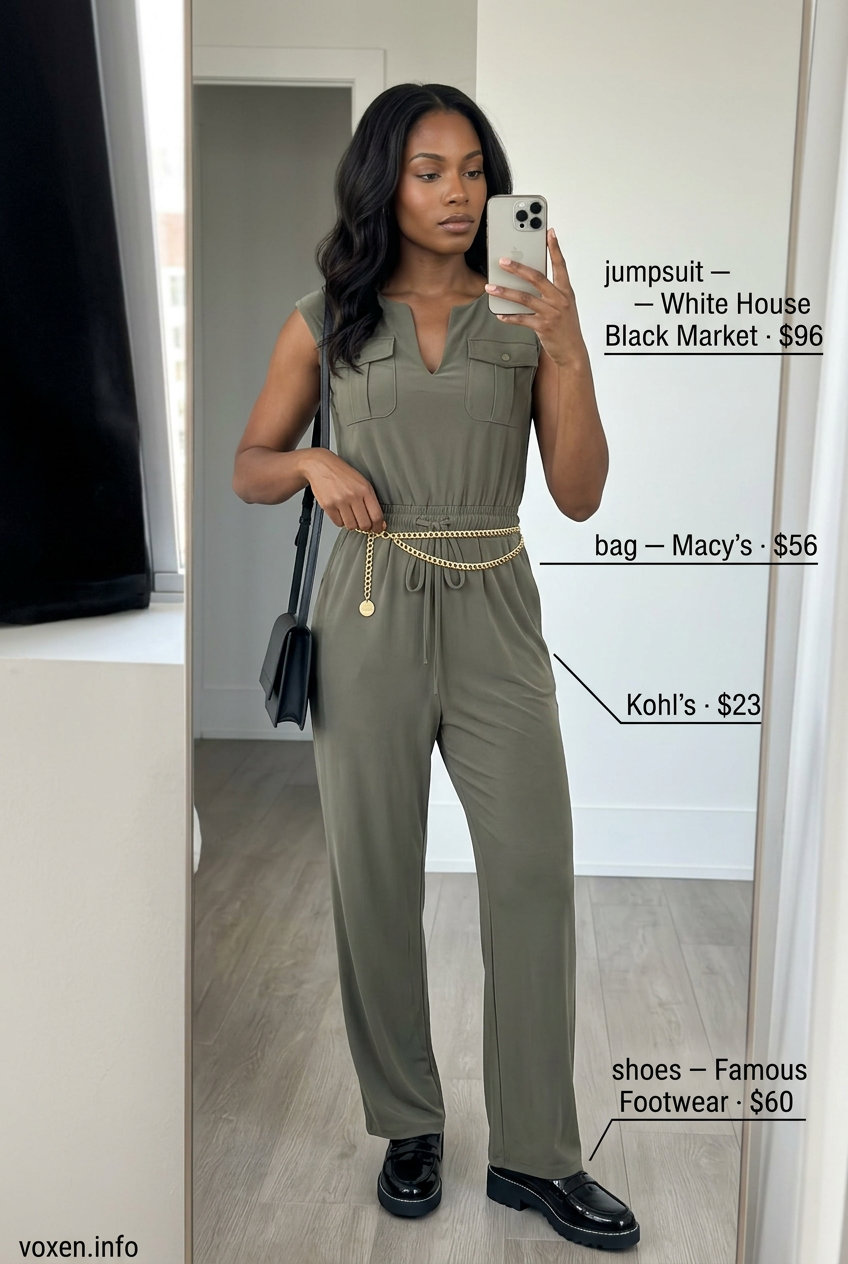 Cute Date Outfits Summer 2026: Utility Jumpsuit Style Cute date outfit summer for women 2026: Khaki utility jumpsuit, chunky loafers, gold chain belt, and black crossbody bag.