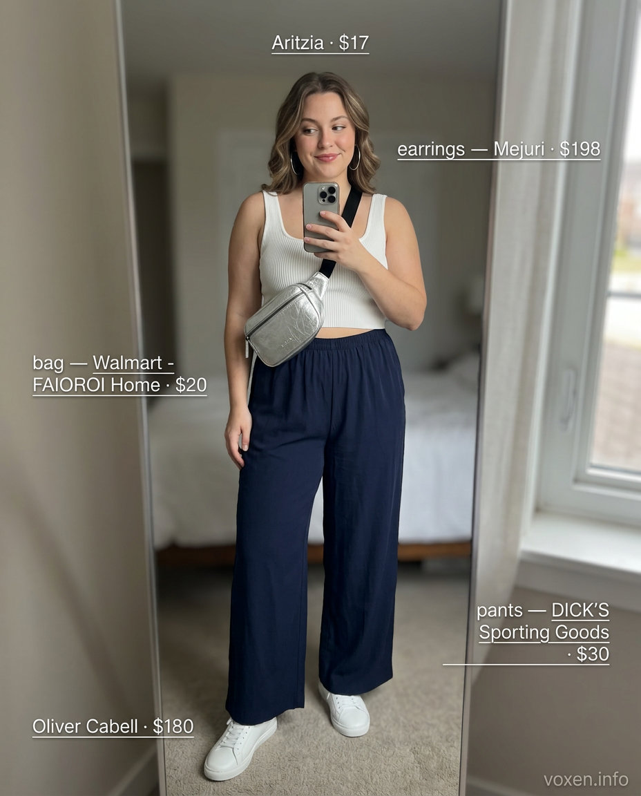 Sporty Chic Vibes Outfits 2026 Sporty chic outfit 2026: wide-leg athletic pants, cropped tank, fashion sneakers, belt bag.
