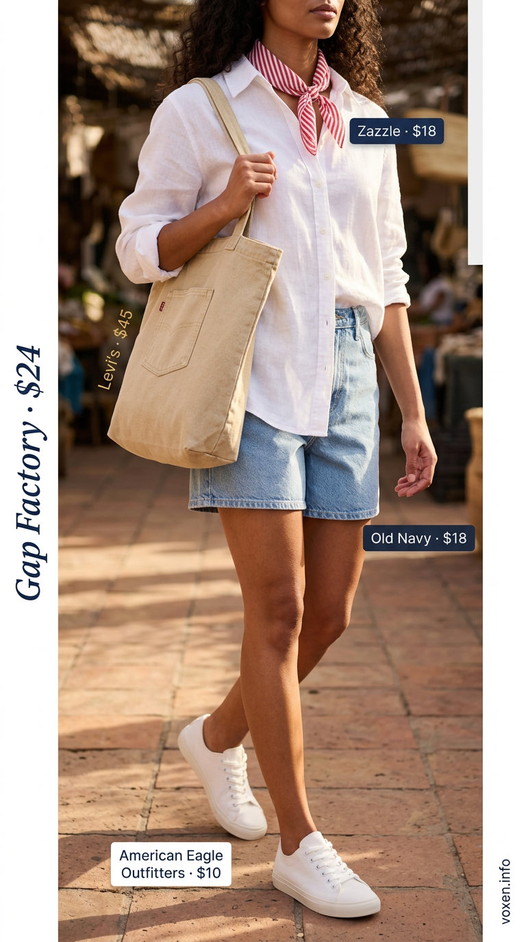Casual Cool Summer Outfits 2026 Casual cool summer outfit for women 2026: denim shorts, linen shirt, canvas sneakers, and tote bag.