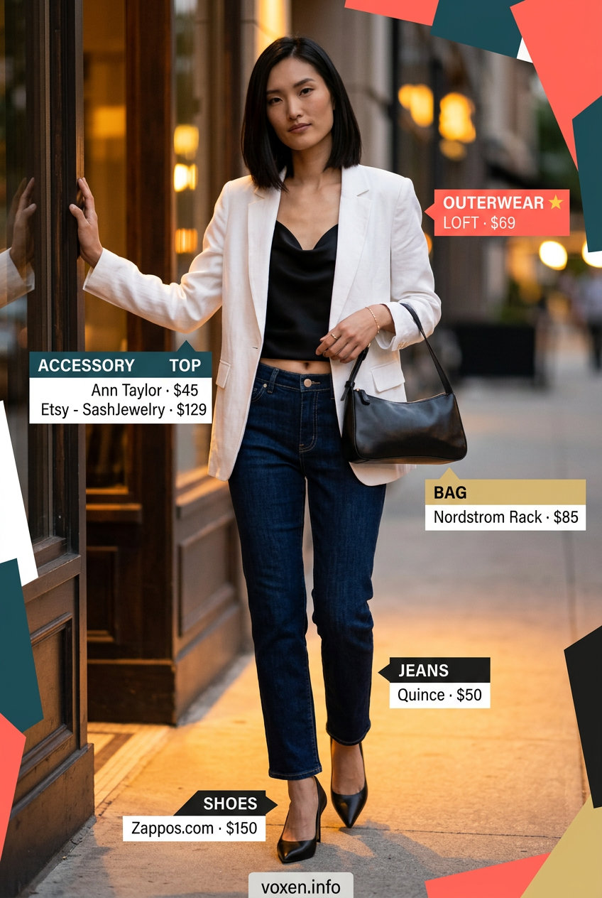Elevated Casual Cool Outfits 2026 Elevated casual date outfit 2026: straight-leg jeans, blazer, cowl neck cami, pointed heels.
