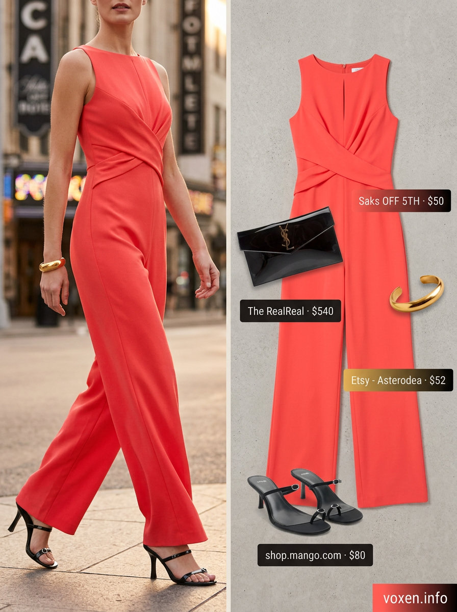 Effortless Summer Jumpsuit Outfits 2026 Summer date night jumpsuit 2026: coral wide-leg jumpsuit, strappy heels, gold cuff, clutch.