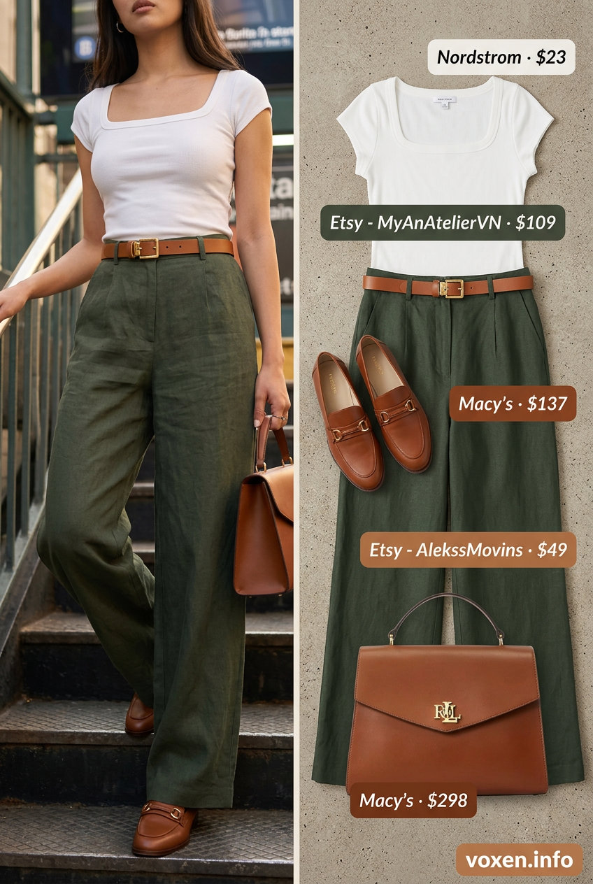 Chic City Explorer Outfits 2026 Chic city explorer outfit 2026: olive linen pants, ivory knit top, leather loafers, satchel bag.