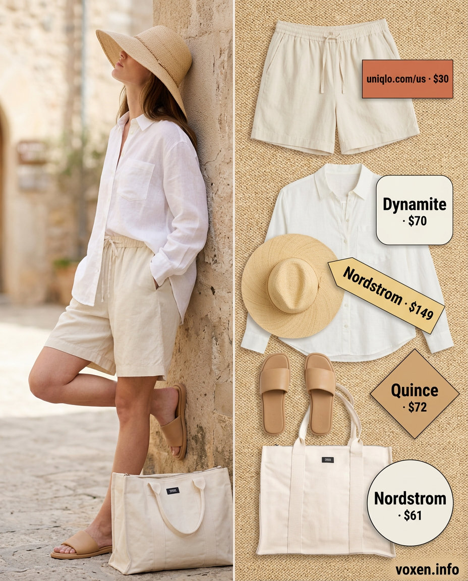 Weekend Getaway Outfits 2026 Casual weekend outfit 2026: linen shorts, oversized shirt, leather slides, straw hat, canvas tote.