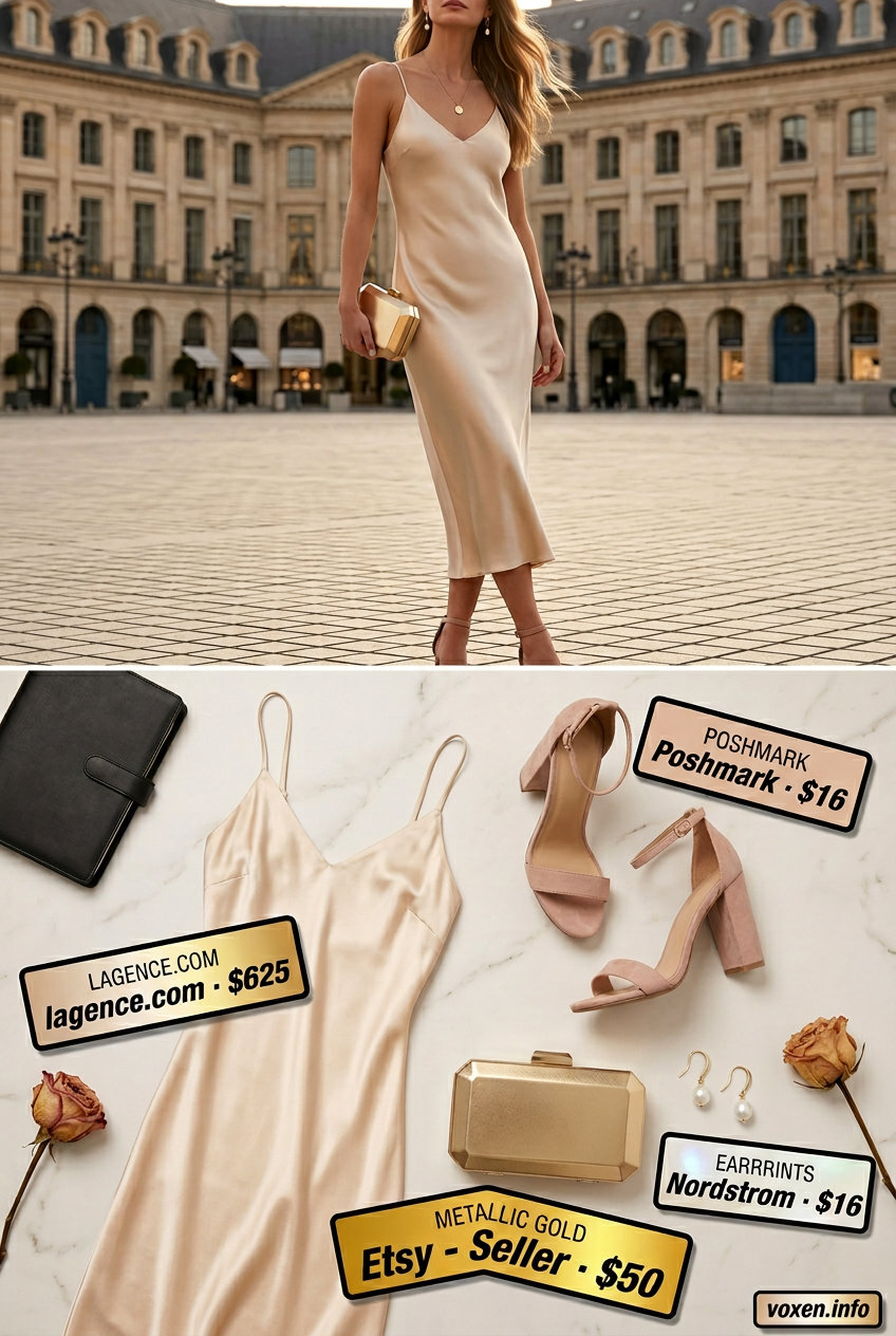 Sunset Slip Dress Outfits 2026 Elegant summer date outfit 2026: champagne slip dress, strappy heels, gold clutch, pearl earrings.