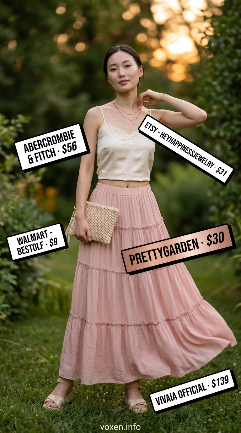 Cute summer picnic outfit for women 2026: Blush pink maxi skirt, cream cami, espadrilles for an evening picnic.