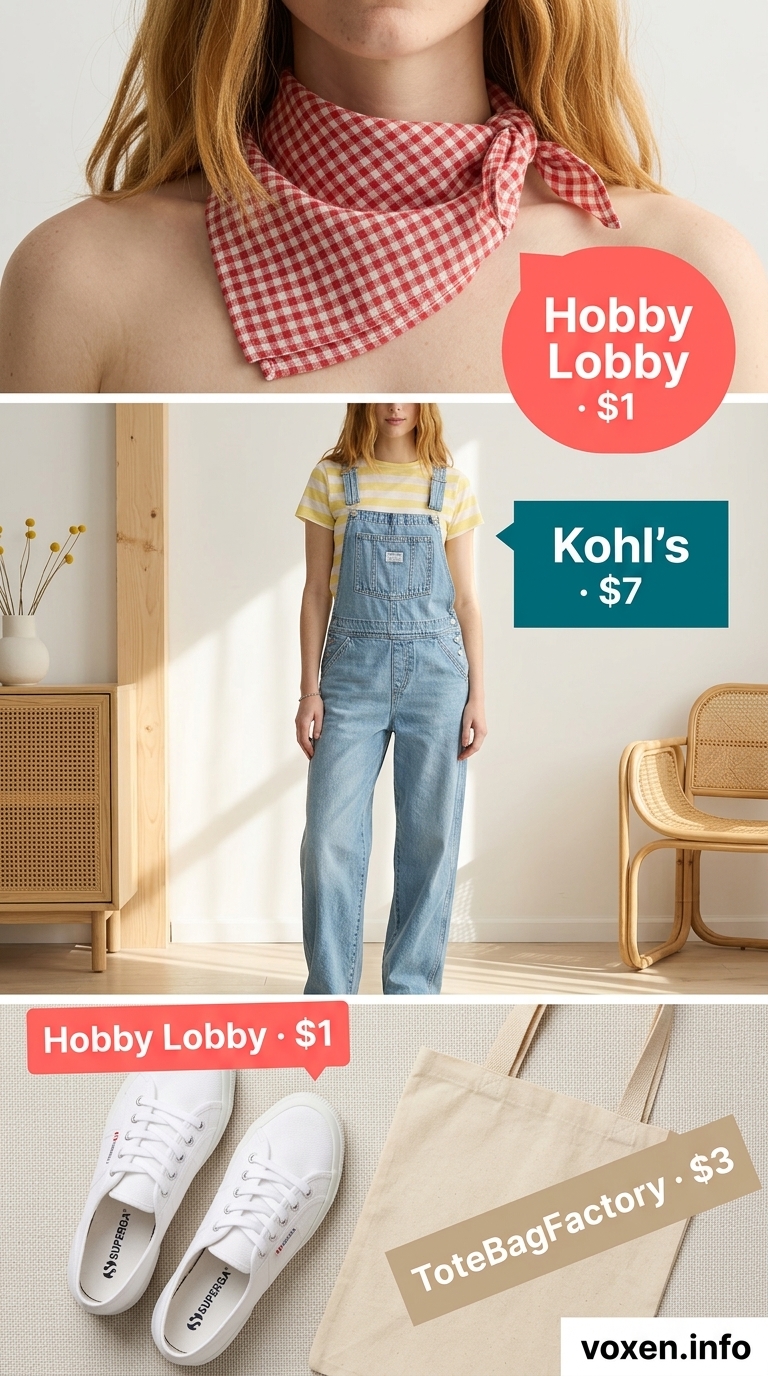 Cute summer picnic outfit for women 2026: Denim overalls, yellow striped tee, white sneakers for orchard.