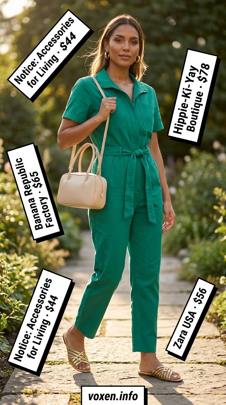 Cute summer picnic outfit for women 2026: Emerald green jumpsuit, gold earrings, metallic sandals for garden party.