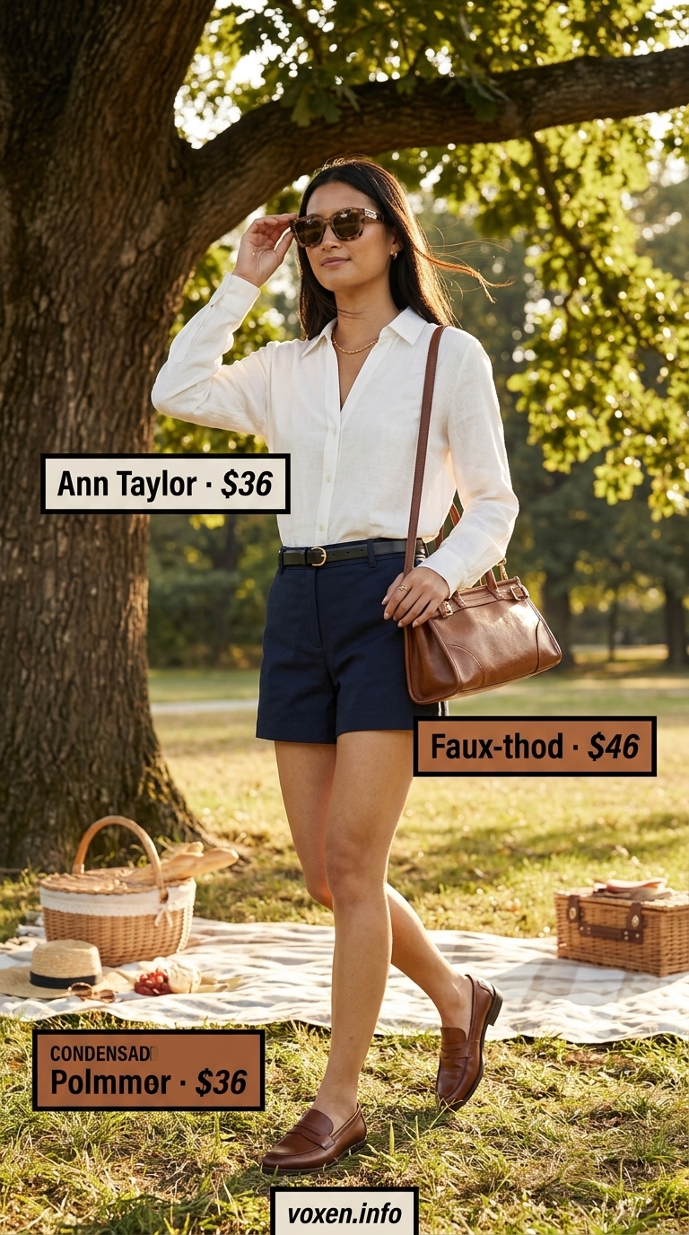 Cute summer picnic outfit for women 2026: Navy shorts, white linen shirt, cognac loafers & bag for a garden party.