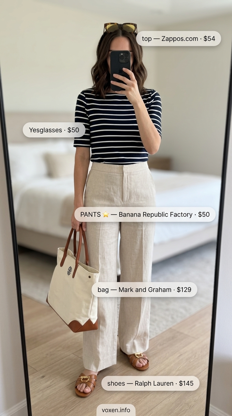 Cute summer picnic outfit for women 2026: Navy stripe top, linen pants, leather slides for lakeside.