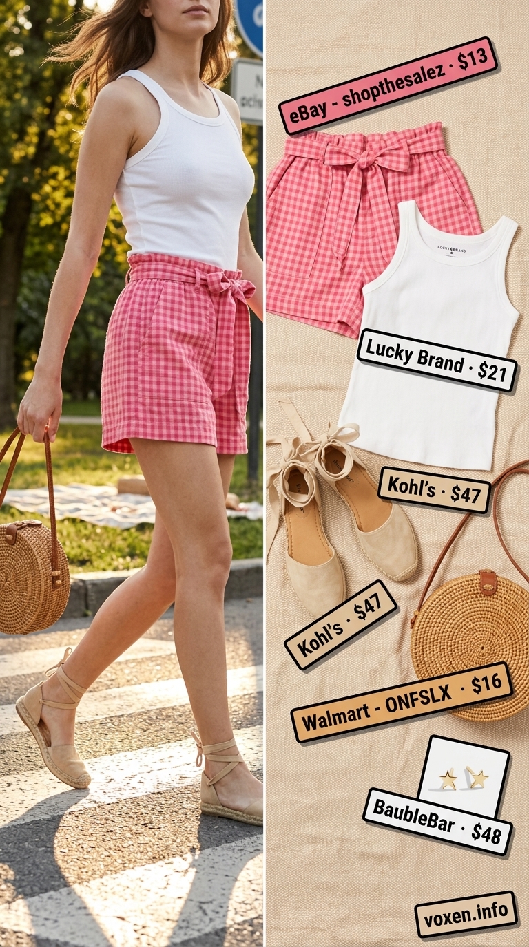 Cute summer picnic outfit for women 2026: Pink gingham shorts, white tank, espadrilles for picnic.