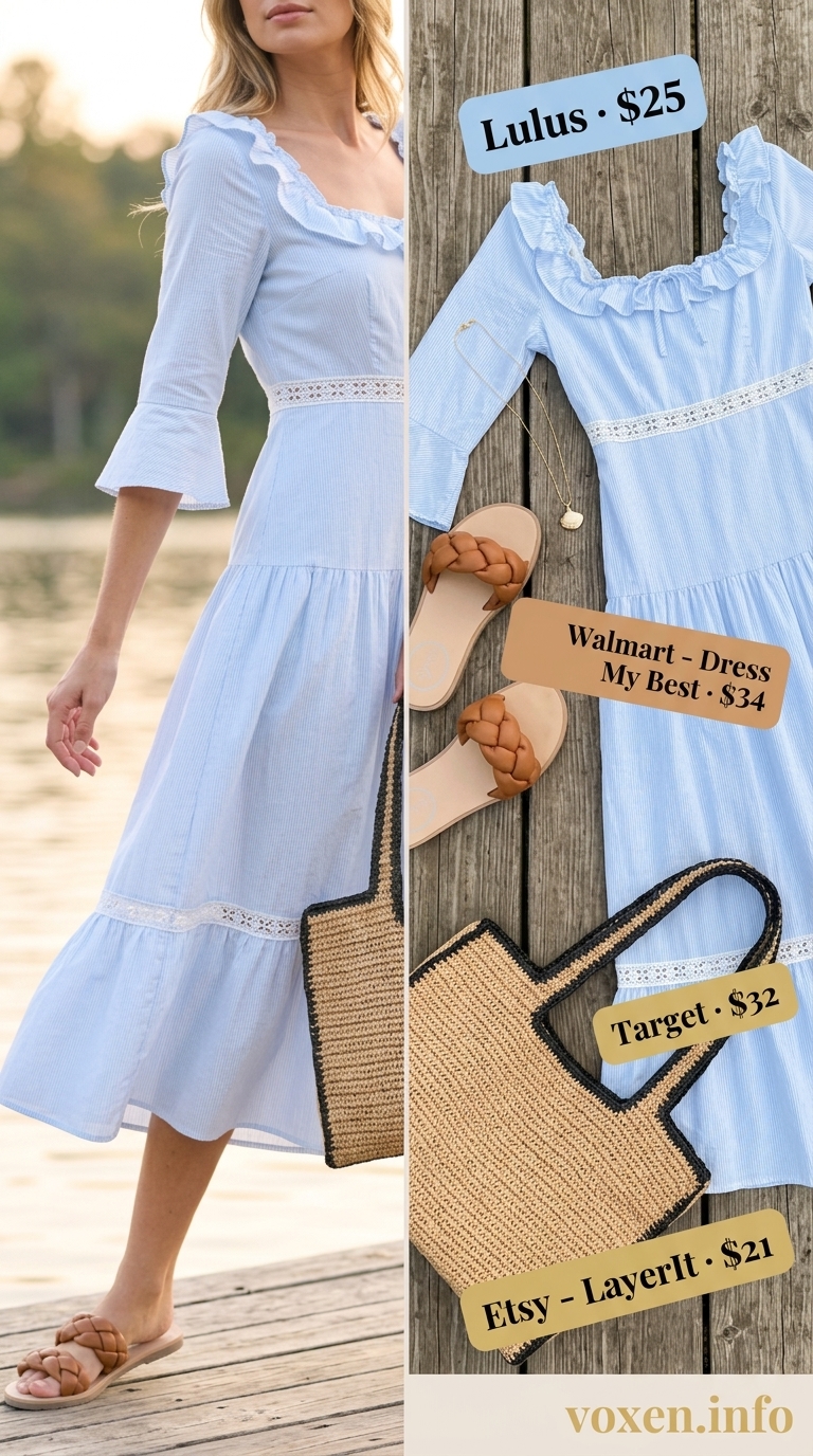 Cute summer picnic outfit for women 2026: Sky blue tiered dress, woven tote, leather slides for lakeside.