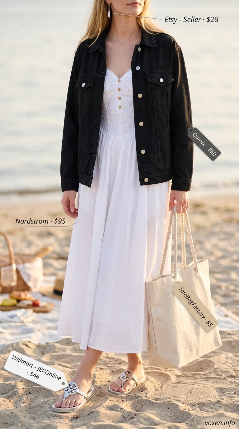 Cute summer picnic outfit for women 2026: White eyelet dress, denim jacket, canvas tote for beach picnic.