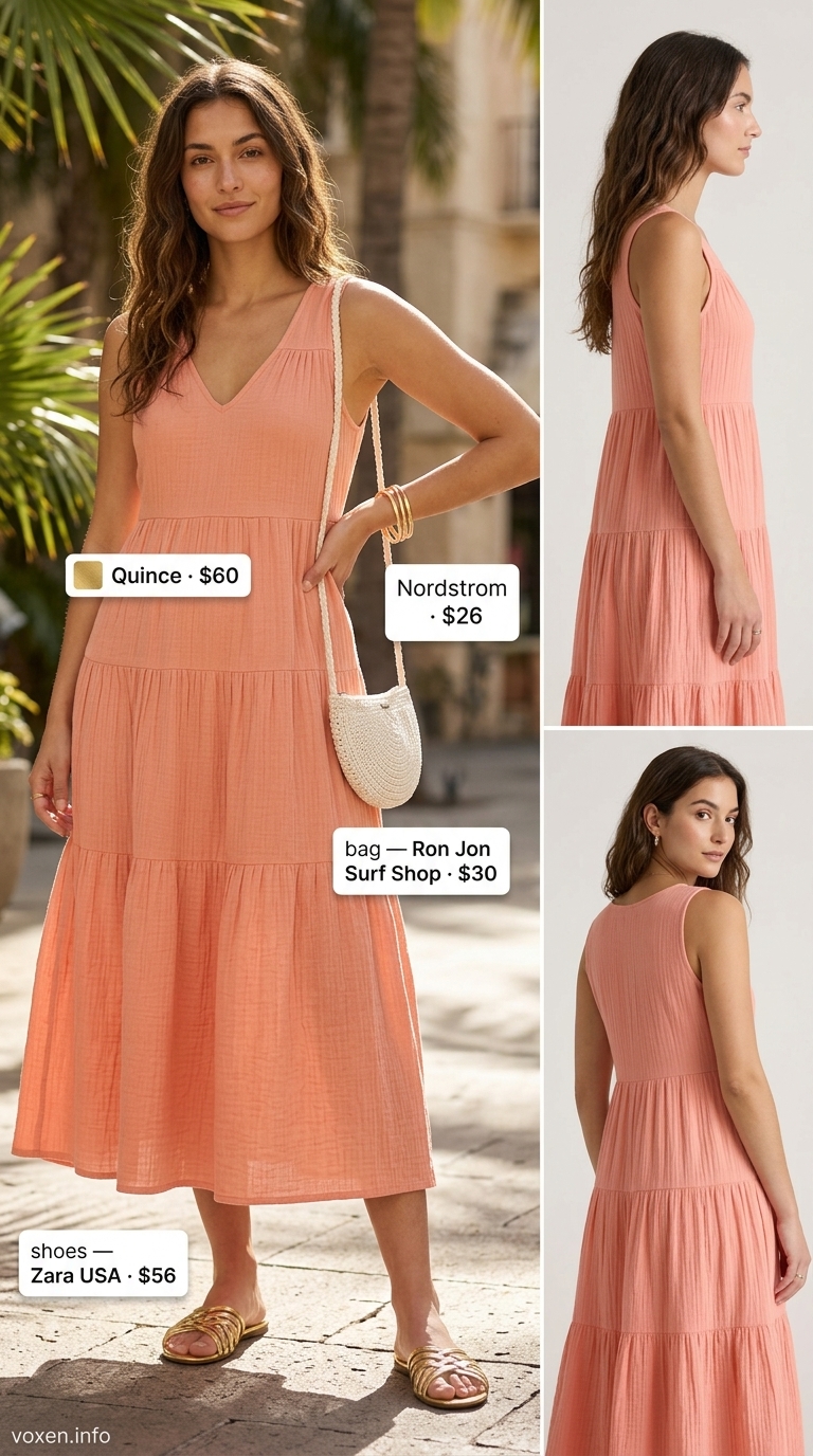 Cute summer picnic outfits for women 2026: Peach maxi dress, gold sandals, and crochet bag for a beach bonfire.