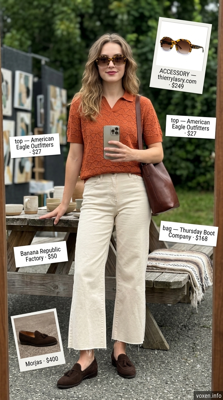 Cute summer picnic outfits for women 2026: Cream wide-leg pants, rust polo, and suede loafers for an art fair.