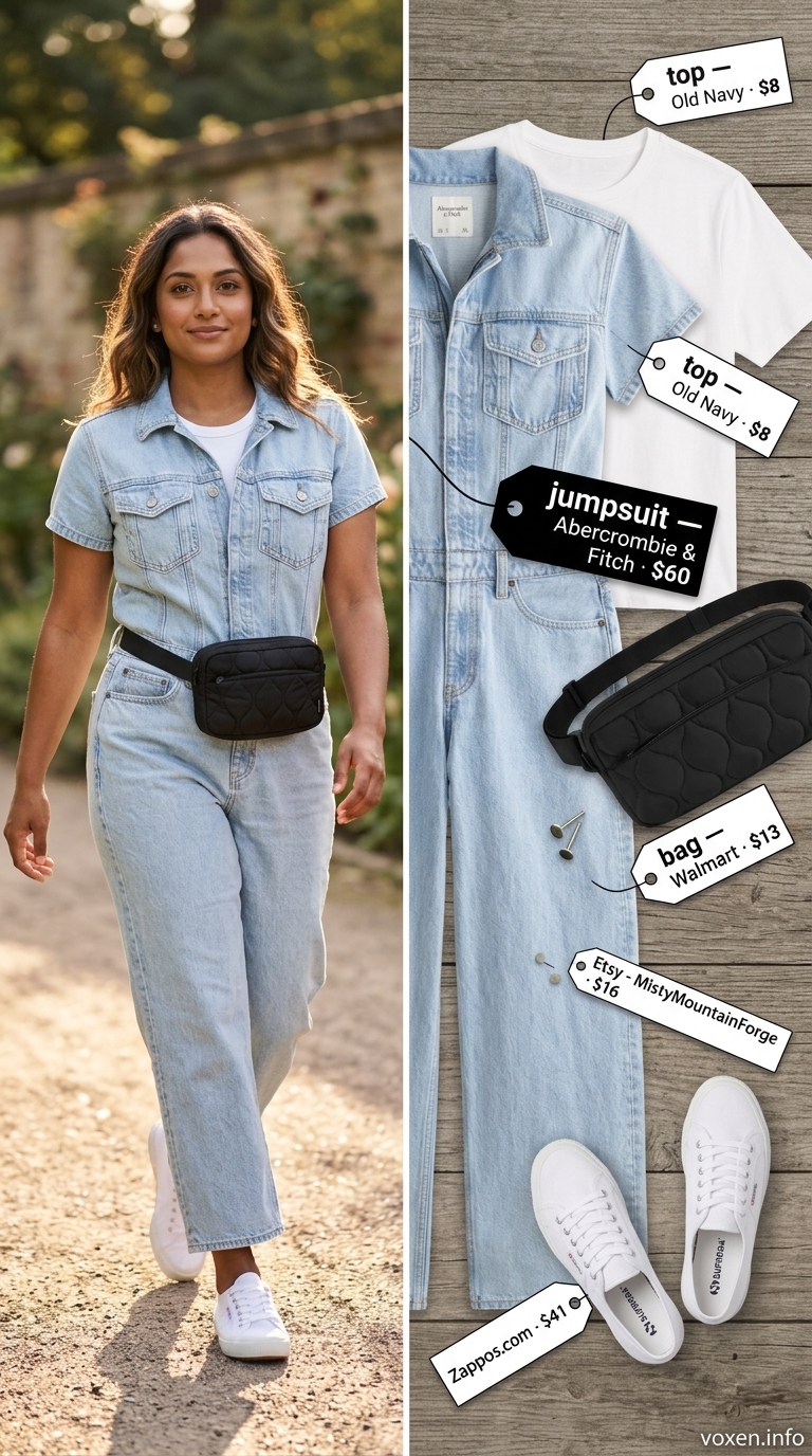 Cute summer picnic outfits for women 2026: Denim jumpsuit, white tee, and sneakers for a park playdate.