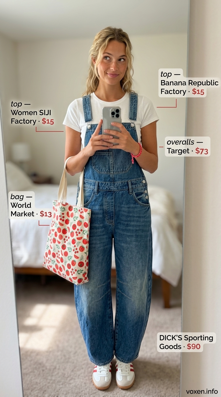 Cute summer picnic outfit for women 2026: Denim overalls, white t-shirt, red bracelet, and canvas sneakers for a playful look.