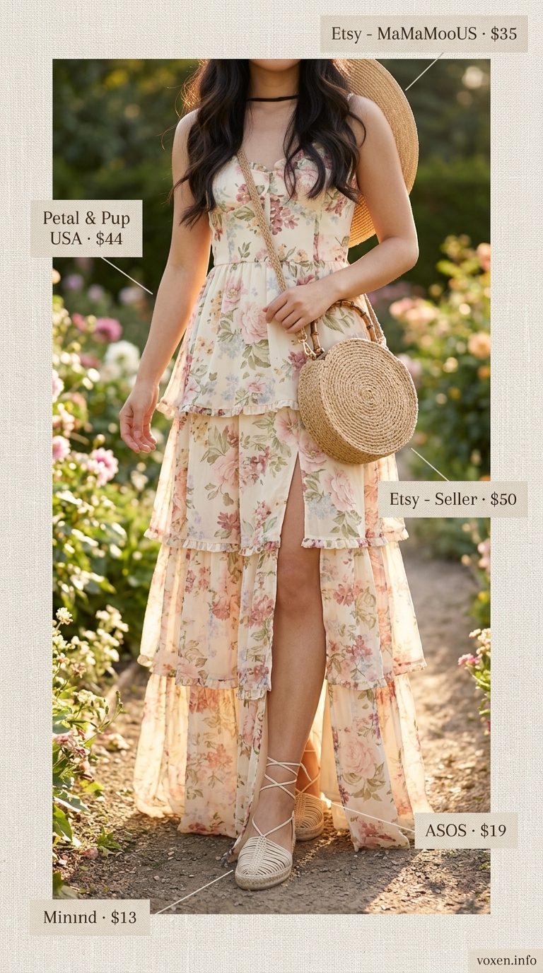 Cute summer picnic outfit for women 2026: Floral maxi dress, straw hat, wicker bag, and espadrilles for a garden picnic.