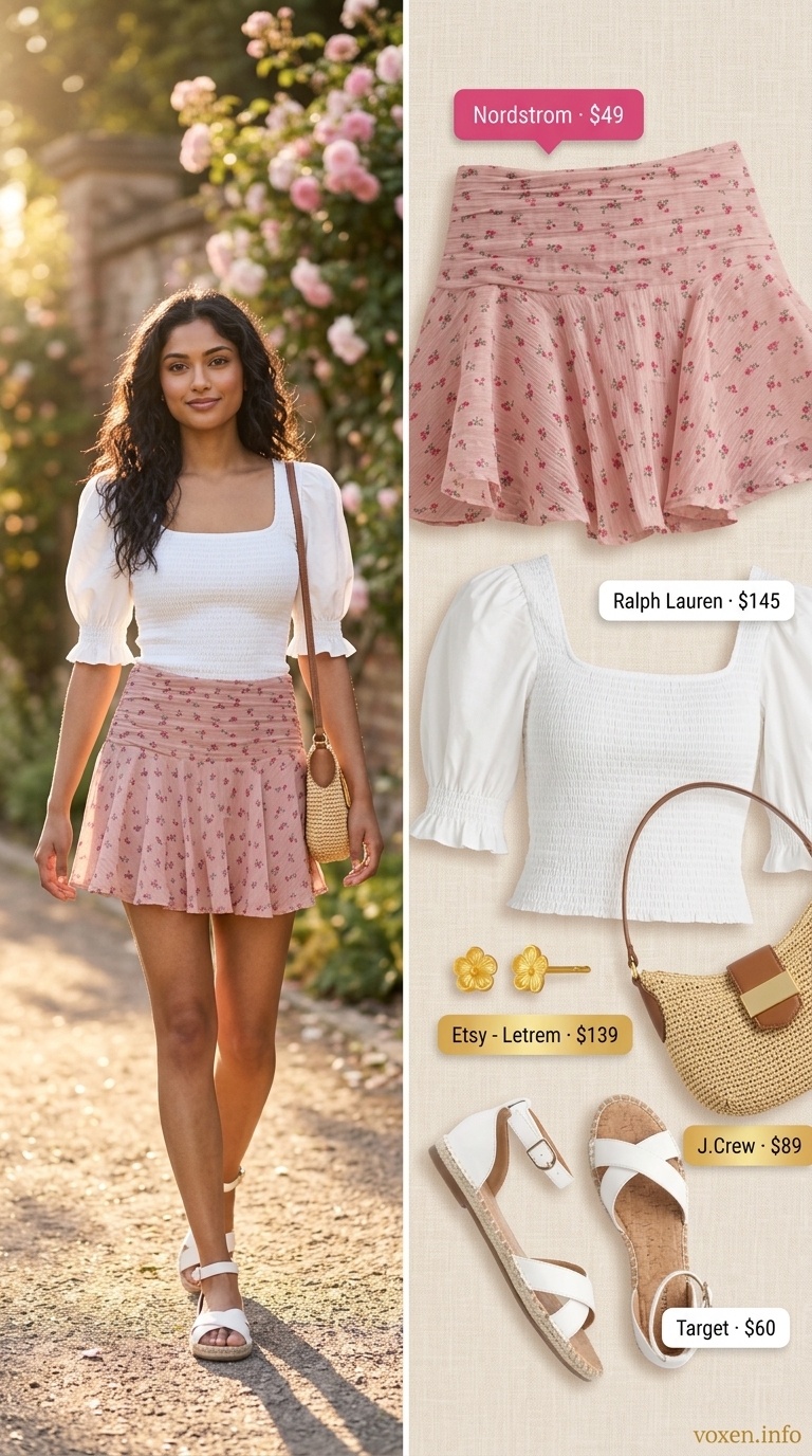 Cute summer picnic outfits for women 2026: Pink floral mini skirt, white puff sleeve top, and espadrilles for berry picking.