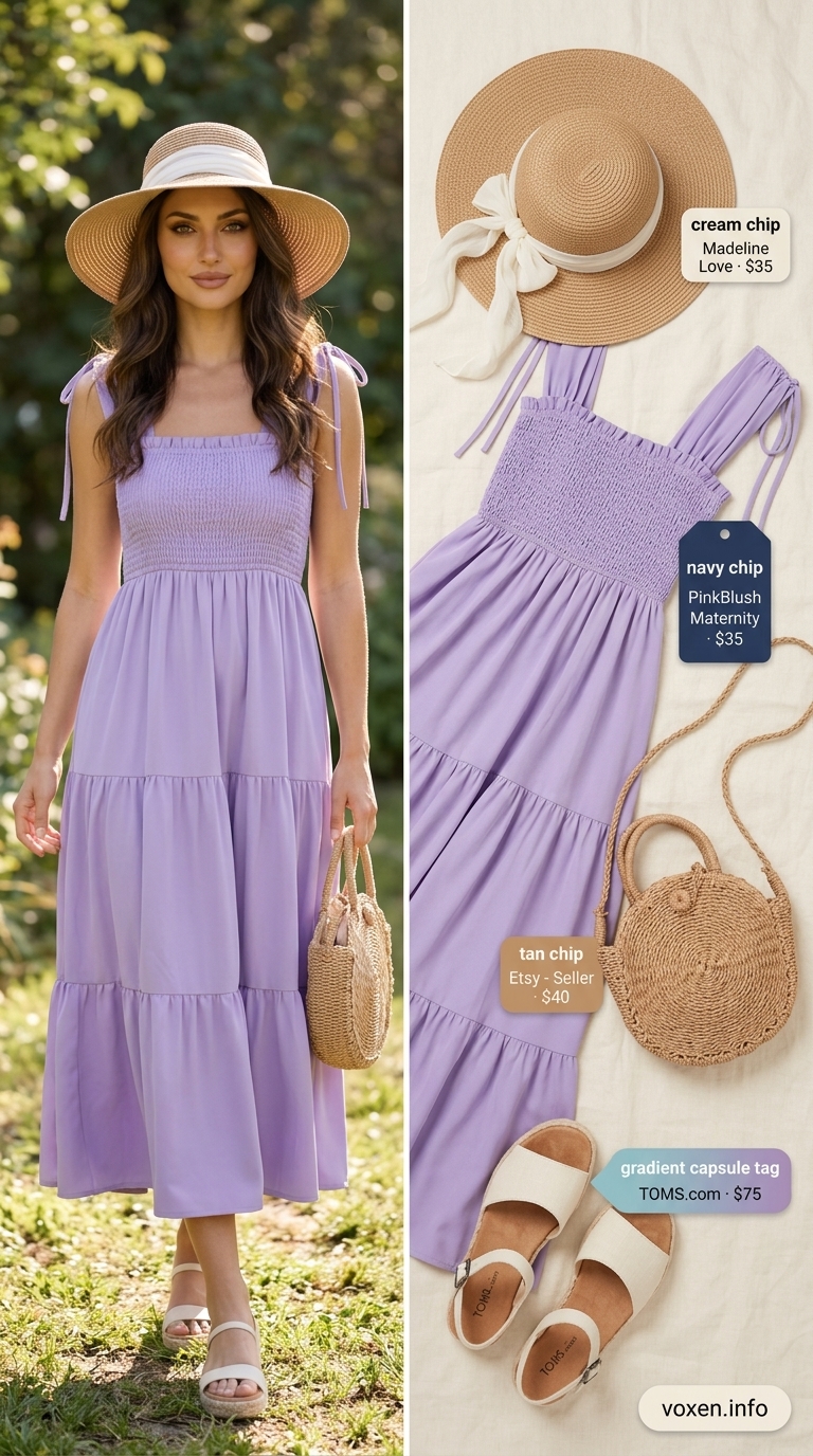 Cute summer picnic outfits for women 2026: Lavender dress, straw hat, and espadrilles for a garden party.