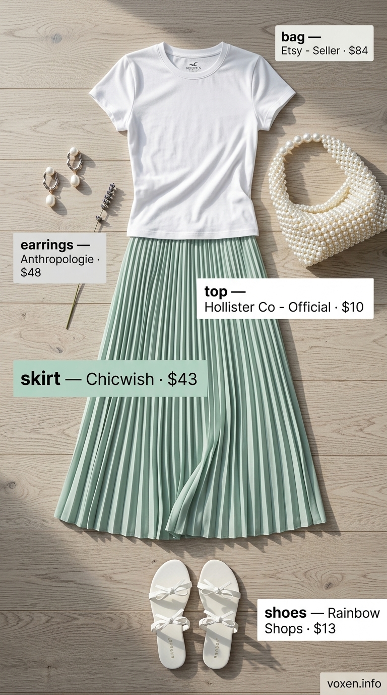 Cute summer picnic outfits for women 2026: Mint green midi skirt, white tee, and pearl bag for a lakeside brunch.