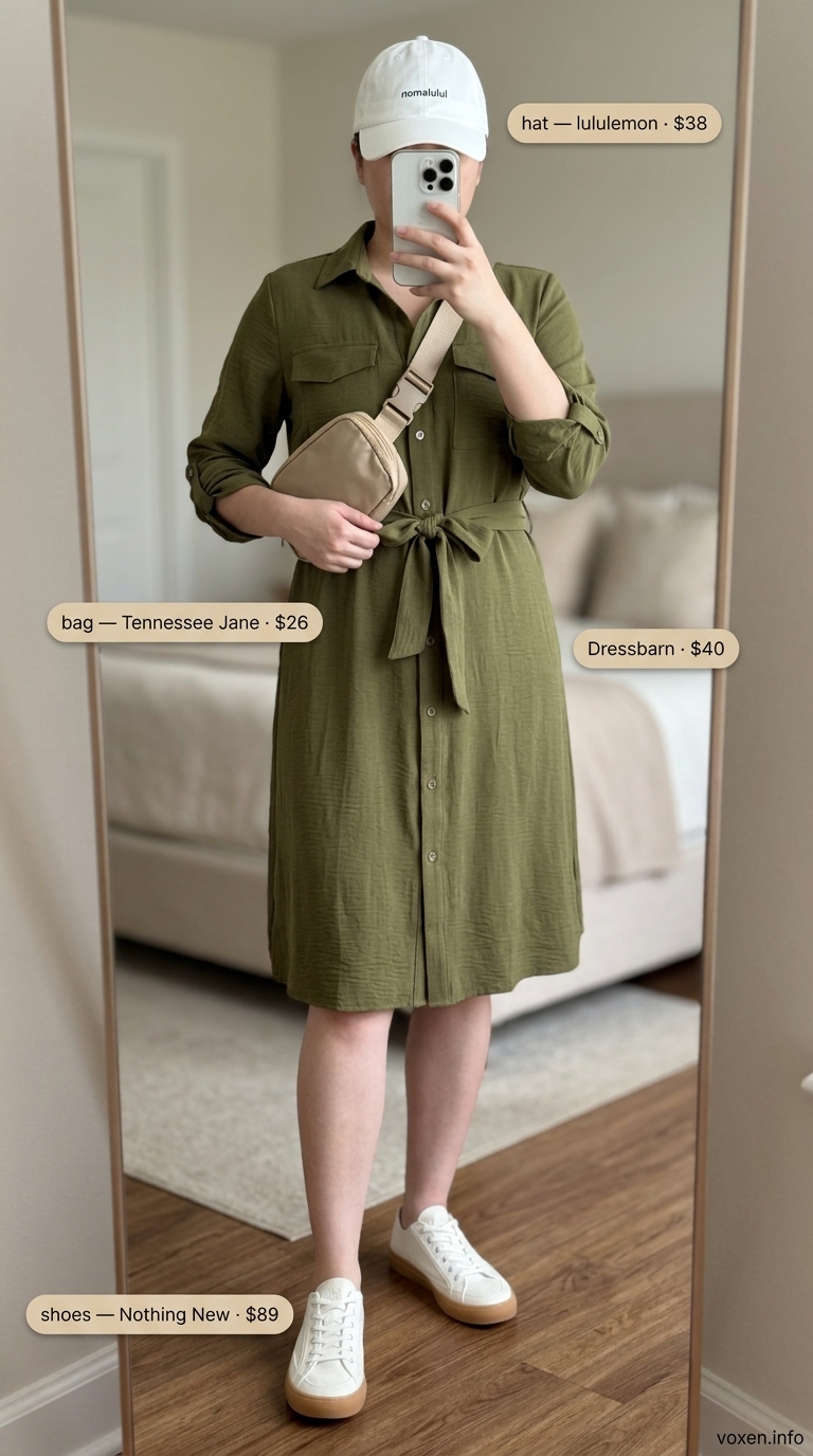 Cute summer picnic outfit for women 2026: Olive green shirt dress, white sneakers, tan belt bag, and cap for apple picking.