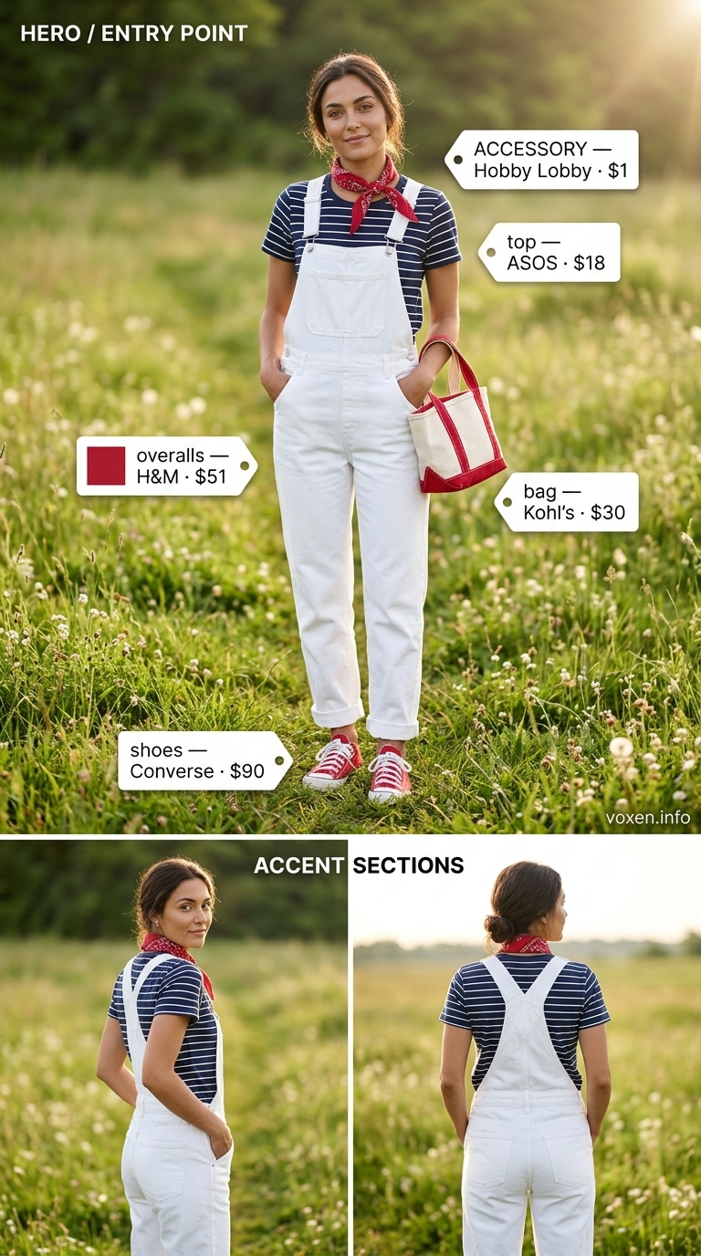 Cute summer picnic outfits for women 2026: White denim overalls, striped tee, and red sneakers for a farm visit.