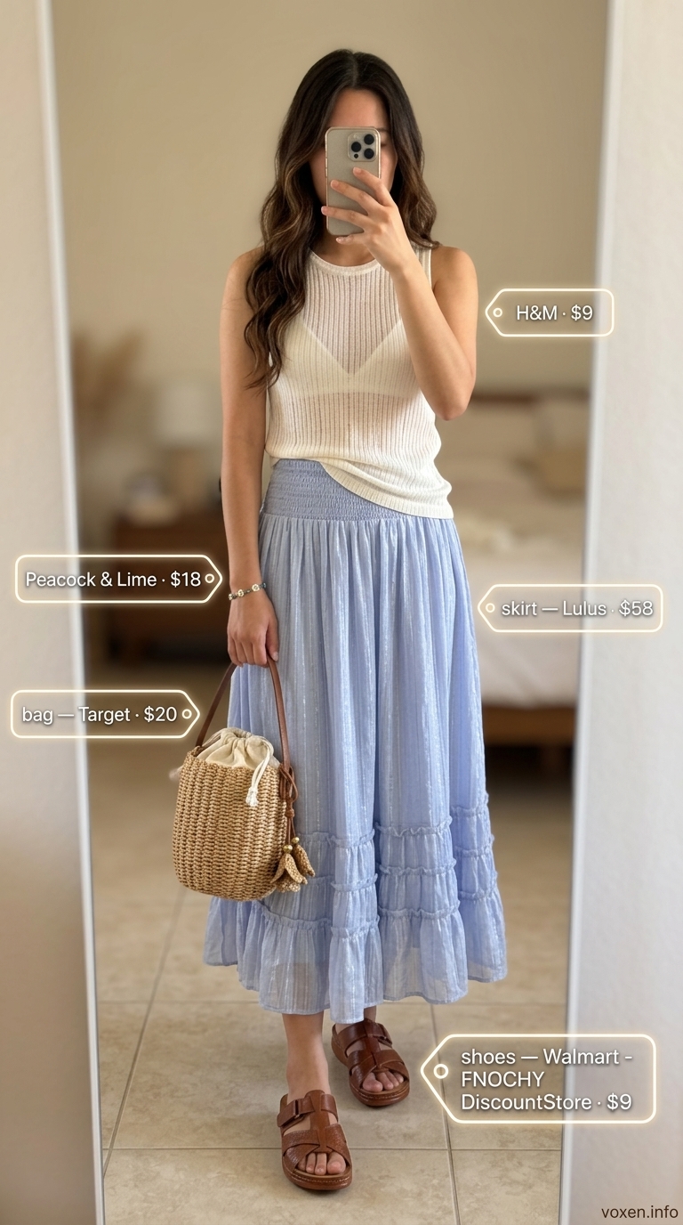 Cute summer picnic outfit for women 2026: Periwinkle blue tiered skirt, cream knit top, straw bag, and braided sandals for brunch.