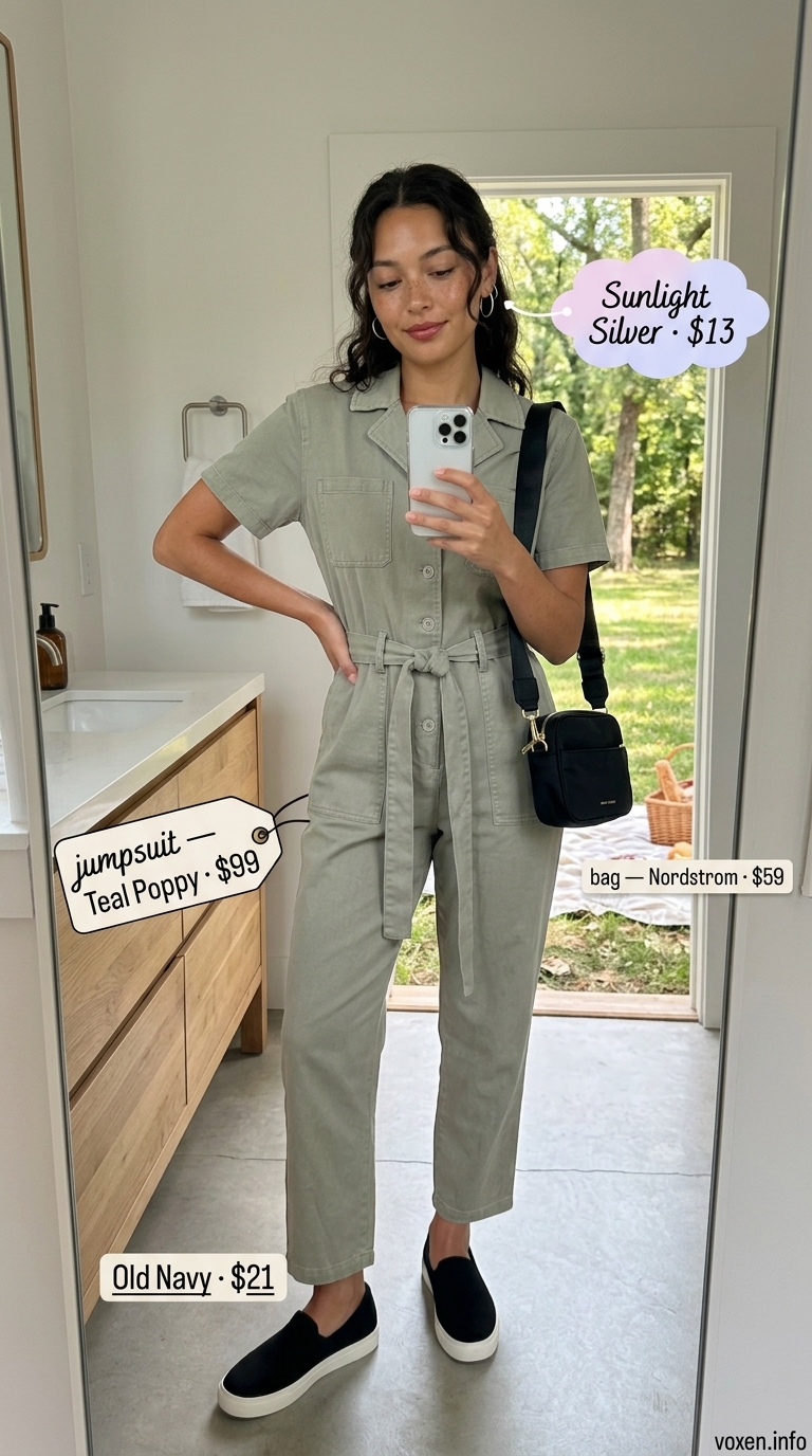Cute summer picnic outfit for women 2026: Sage green utility jumpsuit, black sneakers, and silver accessories for outdoor exploration.