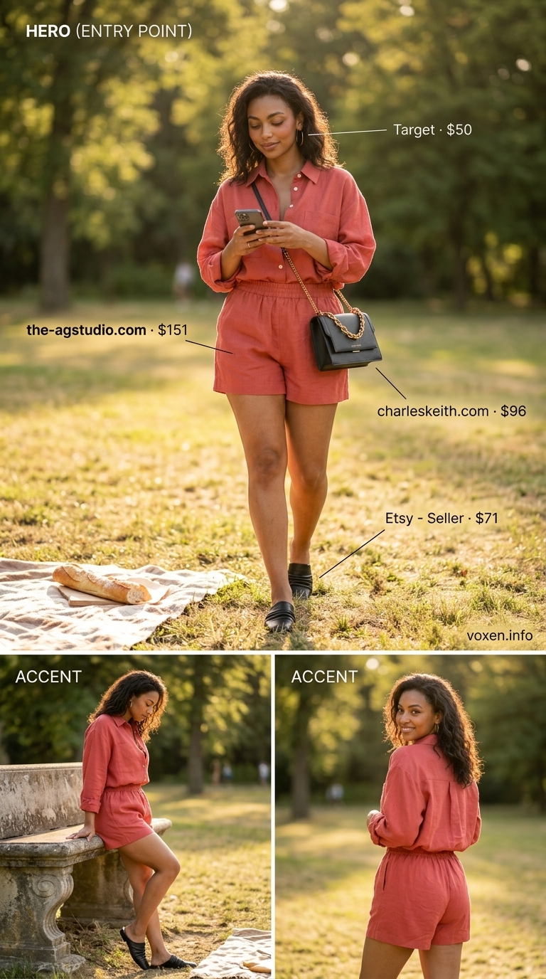 Cute summer picnic outfits for women 2026: Terracotta linen set, black mules, and gold hoops for art in the park.