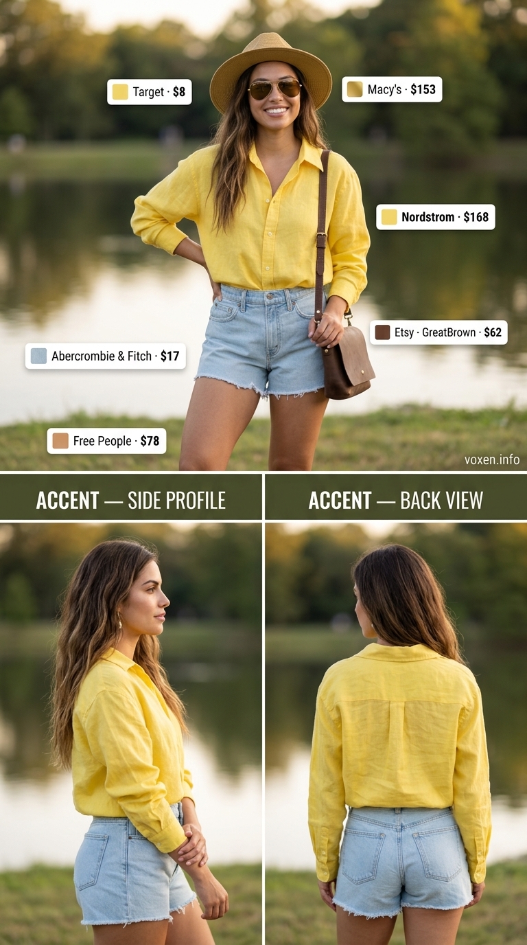 Cute summer picnic outfit for women 2026: Yellow button-down shirt, denim shorts, brown sandals, and aviators for a casual BBQ.